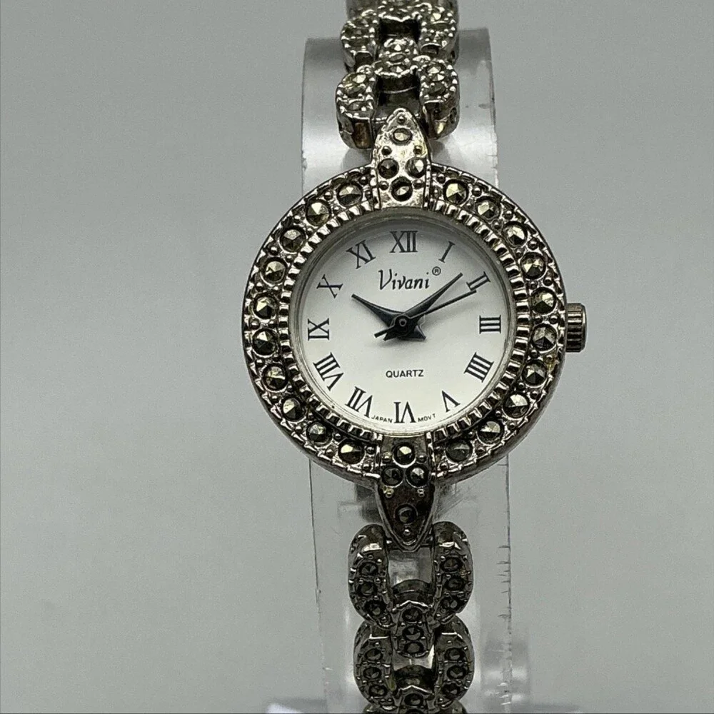 Vivani Womens Watch 23mm White Dial Silver Tone Marcasite New Battery 7